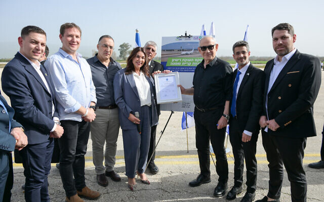 Prime Minister Benjamin Netanyahu (3rd R) and Transportation Minister Miri Regev (4th L) reopen Kiryat Shmona Airport, February 1, 2026. (Ma'ayan Toaf/GPO) Prime Minister Benjamin Netanyahu (3rd R) and Transportation Minister Miri Regev (4th L) reopen Kiryat Shmona Airport, February 1, 2026. (Ma'ayan Toaf/GPO)