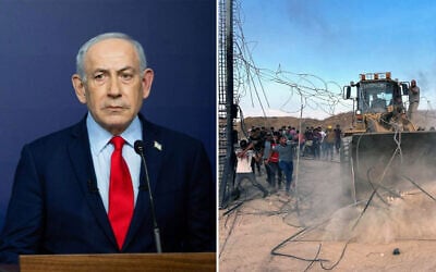 Prime Minister Benjamin Netanyahu (left)  holds a press conference in Jerusalem on January 27, 2026. (Noam Revkin Fenton/POOL); Palestinians break into Israel from Gaza through the border fence, October 7, 2023. (REUTERS/Mohammed Fayq Abu Mostafa)
