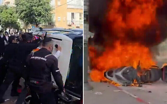 Police reposition a police car that was overturned by a mob who chased two female IDF soldiers and set a police motorcycle on fire, in the ultra-Orthodox city of Bnei Brak on February 15, 2026. (David Keshet/X; used in accordance with Clause 27a of the Copyright Law) Police reposition a police car that was overturned by a mob who chased two female IDF soldiers and set a police motorcycle on fire, in the ultra-Orthodox city of Bnei Brak on February 15, 2026. (David Keshet/X; used in accordance with Clause 27a of the Copyright Law)