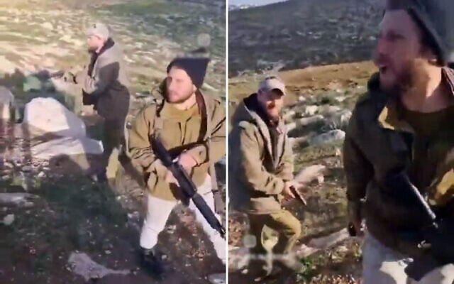 Screenshots of video reportedly showing settlers cocking their guns during an attack on Huwara, part of the Masafer Yatta collection of hamlets near Hebron, February 3, 2026. (Social media, used in accordance with Clause 27a of the Copyright Law) Screenshots of video reportedly showing settlers cocking their guns during an attack on Huwara, part of the Masafer Yatta collection of hamlets near Hebron, February 3, 2026. (Social media, used in accordance with Clause 27a of the Copyright Law)