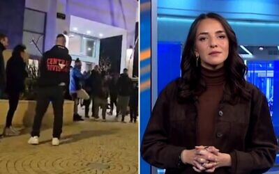 Jewish extremists (left) gather outside the home of Israeli TV journalist Lucy Aharish on February 26, 2026. (Kan TV screenshot). Aharish (right) vows that "violence will not triumph" in a Channel 13 TV monologue on February 22, 2026, after she and her family were targeted at their home by Jewish extremists in an earlier incident. (Channel 13 screenshot) Jewish extremists (left) gather outside the home of Israeli TV journalist Lucy Aharish on February 26, 2026. (Kan TV screenshot). Aharish (right) vows that "violence will not triumph" in a Channel 13 TV monologue on February 22, 2026, after she and her family were targeted at their home by Jewish extremists in an earlier incident. (Channel 13 screenshot)