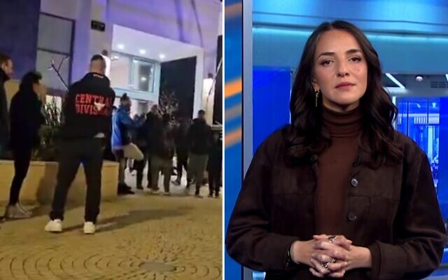 Jewish extremists (left) gather outside the home of Israeli TV journalist Lucy Aharish on February 26, 2026. (Kan TV screenshot). Aharish (right) vows that "violence will not triumph" in a Channel 13 TV monologue on February 22, 2026, after she and her family were targeted at their home by Jewish extremists in an earlier incident. (Channel 13 screenshot)