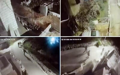 Security camera footage purporting to show masked settlers in the West Bank village of Taybeh on their way to commit a reported arson attack and vandalism, February 4, 2026. (Social media, used in accordance with Clause 27a of the Copyright Law)