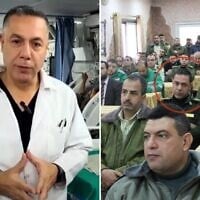 L-R: Kamal Adwan Hospital director Hussam Abu Safiya, in an undated screenshot taken from a Democracy Now video posted to YouTube on January 14, 2025 (Democracy Now screenshot/Youtube); A resurfaced photo from 2016 shows Abu Safiya wearing a Hamas uniform alongside other senior officers in the terror group. (Medical services – Gaza Strip)
