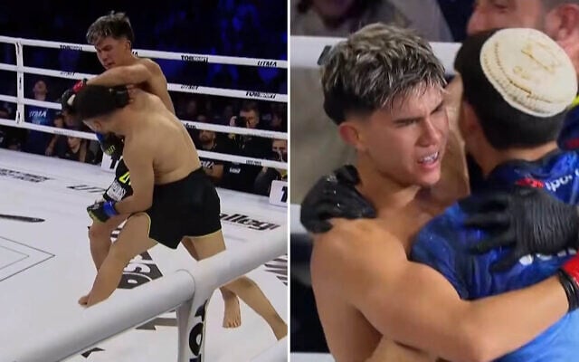 Screen capture from video of Israeli kickboxer Ahavat Hashem Gordon celebrating his victory over Turkish opponent Ali Koyuncu at the UTMA 17 event in Lithuania, February 21, 2026. (One via YouTube) Screen capture from video of Israeli kickboxer Ahavat Hashem Gordon celebrating his victory over Turkish opponent Ali Koyuncu at the UTMA 17 event in Lithuania, February 21, 2026. (One via YouTube)