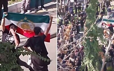 Students seen holding up the banned flag of the shah of Iran at protests on campuses against the regime on February 22, 2026. (Screencapture/X) Students seen holding up the banned flag of the shah of Iran at protests on campuses against the regime on February 22, 2026. (Screencapture/X)