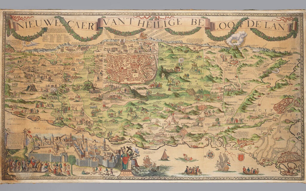 'A New Map of the Holy Promised Land'  by Justus Danckerts the Elder and Cornelis Danckerts (17th century Holland). The map is part of the exhibition 'Fact, Faith, and Fantasy - Maps of the Holy Land from the Chinn Collection,' which opened at the Israel Museum in Jerusalem in January 2026. (Elie Posner and Zohar Shemesh/The Israel Museum, Jerusalem)