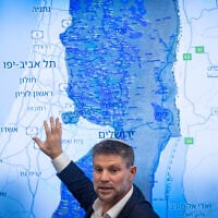 Finance Minister Bezalel Smotrich holds a press conference with mayors of settlements in the West Bank, at the Finance Ministry in Jerusalem on September 3, 2025. (Yonatan Sindel/Flash90)