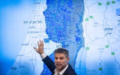 Finance Minister Bezalel Smotrich holds a press conference with mayors of settlements in the West Bank, at the Finance Ministry in Jerusalem on September 3, 2025. (Yonatan Sindel/Flash90)