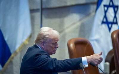 US President Donald Trump speaks during a special plenum session held in his honor, at the Knesset in Jerusalem, October 13, 2025. (Yonatan Sindel/Flash90) US President Donald Trump speaks during a special plenum session held in his honor, at the Knesset in Jerusalem, October 13, 2025. (Yonatan Sindel/Flash90)