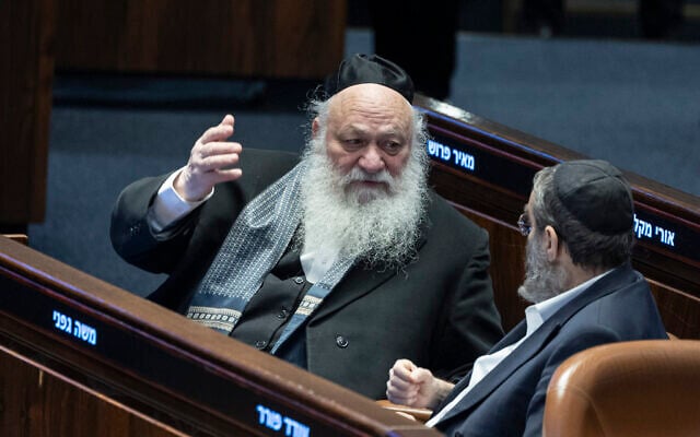 MKs Moshe Gafni and Yitzchak Goldknopf seen during a vote on the state budget at the assembly hall of the Knesset, Jerusalem, January 28, 2026. (Oren Ben Hakoon/Flash90) MKs Moshe Gafni and Yitzchak Goldknopf seen during a vote on the state budget at the assembly hall of the Knesset, Jerusalem, January 28, 2026. (Oren Ben Hakoon/Flash90)