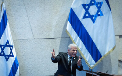 Opposition Leader Yair Lapid speaks at a plenum session for the Knesset's 77th birthday on February 2, 2026. (Yonatan Sindel/Flash90) Opposition Leader Yair Lapid speaks at a plenum session for the Knesset's 77th birthday on February 2, 2026. (Yonatan Sindel/Flash90)