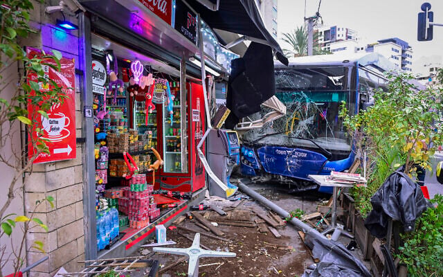 The scene after a bus crashed into a store in Ramat Gan, wounding 10 people, February 6, 2026. (Avshalom Sassoni/Flash90) The scene after a bus crashed into a store in Ramat Gan, wounding 10 people, February 6, 2026. (Avshalom Sassoni/Flash90)