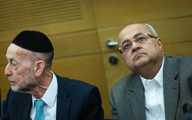 Hadash-Ta'al MK Ahmad Tibi (right) and United Torah Judaism MK Uri Maklev attend a National Security Committee meeting at the Knesset, the Israeli parliament, on February 9, 2026. (Yonatan Sindel/Flash90) Hadash-Ta'al MK Ahmad Tibi (right) and United Torah Judaism MK Uri Maklev attend a National Security Committee meeting at the Knesset, the Israeli parliament, on February 9, 2026. (Yonatan Sindel/Flash90)