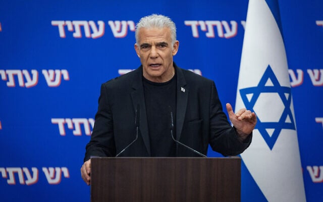 Opposition Leader Yair Lapid leads a meeting of his Yesh Atid faction at the Knesset in Jerusalem, February 9, 2026. (Yonatan Sindel/Flash90) Opposition Leader Yair Lapid leads a meeting of his Yesh Atid faction at the Knesset in Jerusalem, February 9, 2026. (Yonatan Sindel/Flash90)