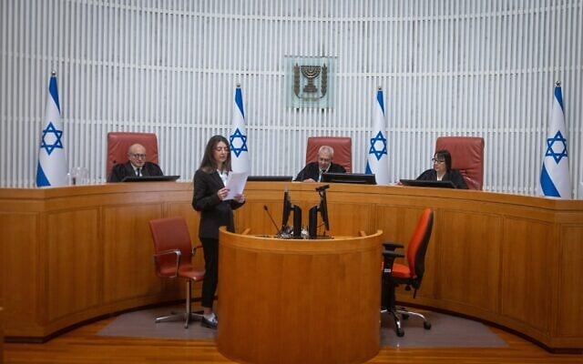 High Court justices listen to a petition on forcing the justice minister to convene the Judicial Selection Committee, at the Supreme Court in Jerusalem, February 12, 2026. (Chaim Goldberg/Flash90) High Court justices listen to a petition on forcing the justice minister to convene the Judicial Selection Committee, at the Supreme Court in Jerusalem, February 12, 2026. (Chaim Goldberg/Flash90)