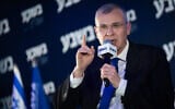 Justice Minister Yariv Levin at the annual Jerusalem Conference of the 'Besheva' group in Jerusalem, February 16, 2026. (Yonatan Sindel/Flash90)