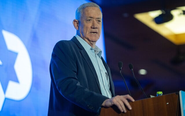 Blue and White party chairman Benny Gantz attends a Conference of Presidents of Major American Jewish Organizations in Jerusalem, on February 16, 2026. (Yonatan Sindel/Flash90) Blue and White party chairman Benny Gantz attends a Conference of Presidents of Major American Jewish Organizations in Jerusalem, on February 16, 2026. (Yonatan Sindel/Flash90)