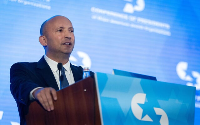Former prime minister Naftali Bennett speaks at the Conference of Presidents of Major American Jewish Organizations in Jerusalem, on February 17, 2026 (Yonatan Sindel/Flash90) Former prime minister Naftali Bennett speaks at the Conference of Presidents of Major American Jewish Organizations in Jerusalem, on February 17, 2026 (Yonatan Sindel/Flash90)