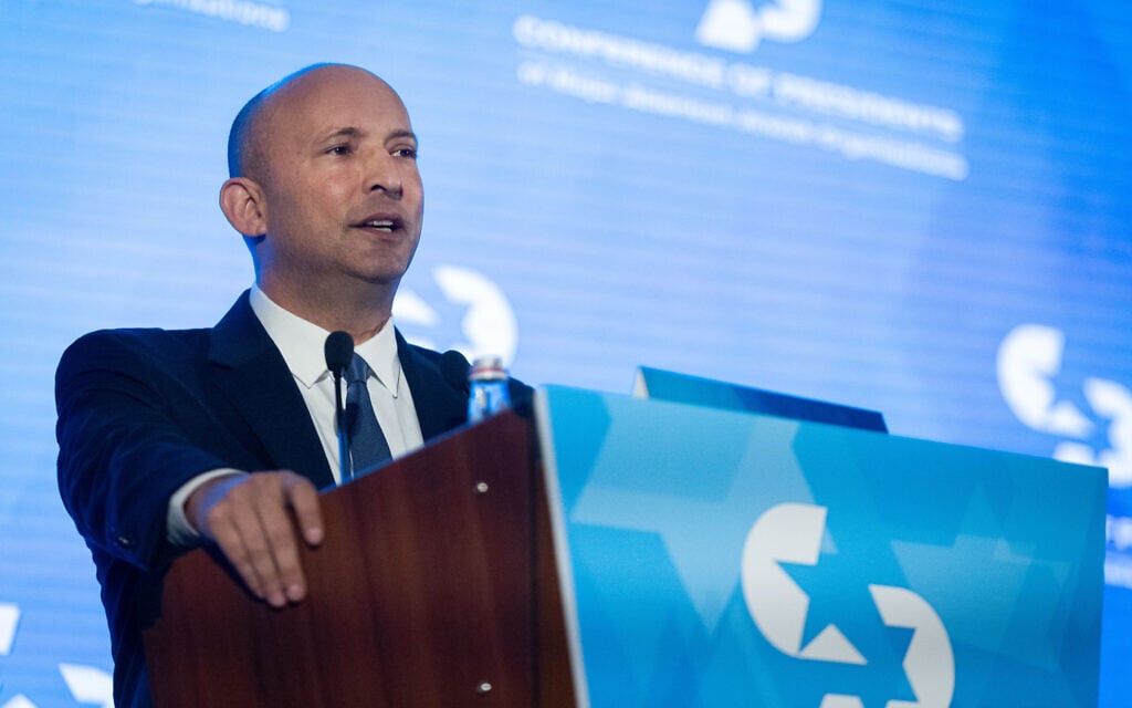 Former prime minister Naftali Bennett speaks at the Conference of Presidents of Major American Jewish Organizations in Jerusalem, on February 17, 2026. (Yonatan Sindel/Flash90)