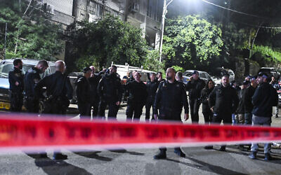 Police at the scene where two people were shot dead in Haifa, February 18, 2026. (Flash90)