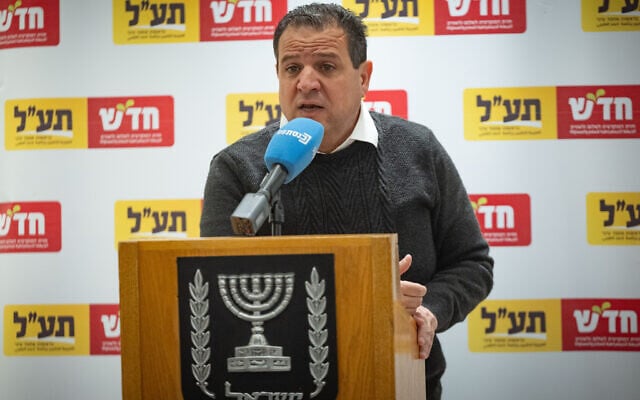 Hadash–Ta'al party chairman Ayman Odeh speaks during a faction meeting at the Knesset in Jerusalem, February 23, 2026. (Yonatan Sindel/Flash90)