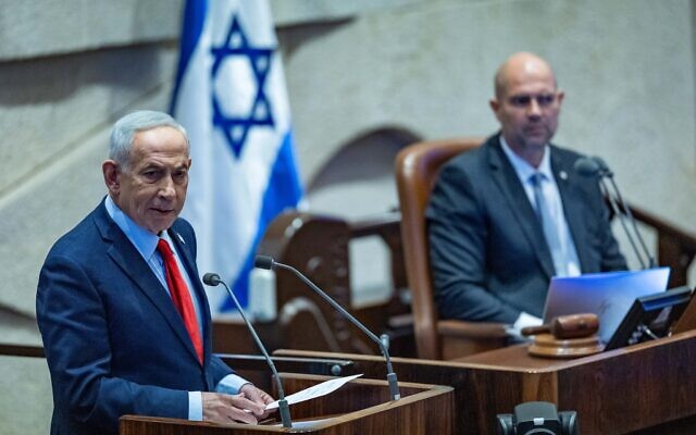 Prime Minister Benjamin Netanyahu addresses the Knesset plenum in Jerusalem on February 23, 2026. (Yonatan Sindel/Flash90)