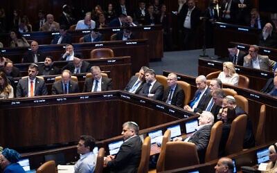 Israeli lawmakers listen to Indian Prime Minister Narendra Modi at the Knesset in Jerusalem during Modi’s official visit to Israel on February 25, 2026. (Yonatan Sindel/Flash90)