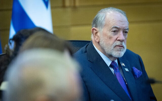US Ambassador to Israel Mike Huckabee attends the lobby for Israel–United States relations at the Knesset in Jerusalem, February 25, 2026. (Yonatan Sindel/Flash90)