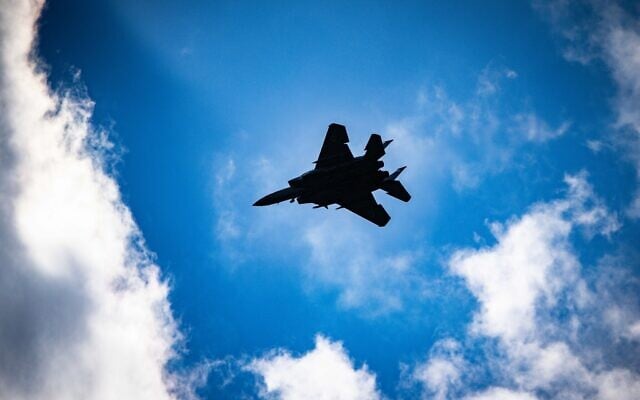 An Israeli Air Force fighter jet flies over central Israel, February 28, 2026. (Nati Shohat/Flash90) An Israeli Air Force fighter jet flies over central Israel, February 28, 2026. (Nati Shohat/Flash90)