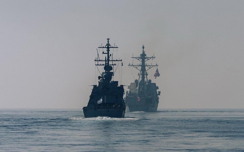 Arleigh Burke-class guided-missile destroyer USS Delbert D. Black conducts a routine maritime exercise with the Israeli Navy's Sa'ar 5-class corvette INS Eilat in the Red Sea following a previously scheduled port call, on February 1, 2026. (Israel Defense Forces)