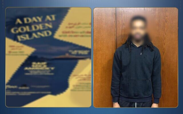 A combination image published by Egyptian authorities shows a man (R) arrested for planning a Jeffrey Epstein-themed party, with the poster shown on the left, February 10, 2026. (Egyptian Interior Ministry) A combination image published by Egyptian authorities shows a man (R) arrested for planning a Jeffrey Epstein-themed party, with the poster shown on the left, February 10, 2026. (Egyptian Interior Ministry)