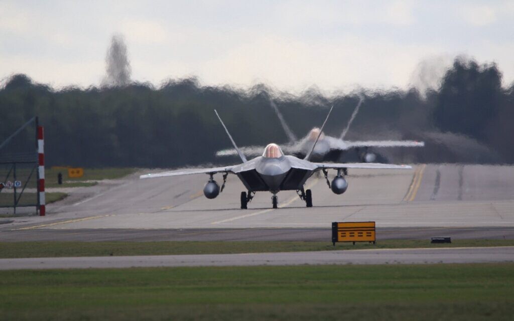 US F-22 stealth fighter jets are seen before taking off from Royal Air Force Lakenheath in England, en route to Israel, February 24, 2026. (@TallGlenn85 on X) US F-22 stealth fighter jets are seen before taking off from Royal Air Force Lakenheath in England, en route to Israel, February 24, 2026. (@TallGlenn85 on X)