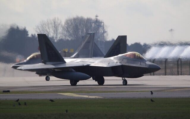 US F-22 stealth fighter jets are seen before taking off from Royal Air Force Lakenheath in England, en route to Israel, February 24, 2026. (@TallGlenn85 on X)