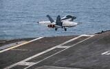 A US F/A-18 Super Hornet takes off from an aircraft carrier for strikes in Iran, February 28, 2026. (CENTCOM)