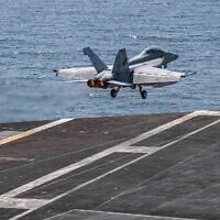 A US F/A-18 Super Hornet takes off from an aircraft carrier for strikes in Iran, February 28, 2026. (CENTCOM)