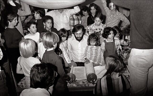 'New York Havurah Shabbat School, Jay Greenspan, Simchat Torah, 1976' dates to photographer Bill Aron's time as a member of the grassroots Jewish congregation on the Upper West Side of Manhattan. (Bill Aron, American Jewish Historical Society via JTA)