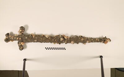 A Crusader sword dating to the 12th century was found off the Carmel Coast in the area of Dor Beach in a discovery announced on February 22, 2026. (Yoav Bornstein/ University of Haifa)