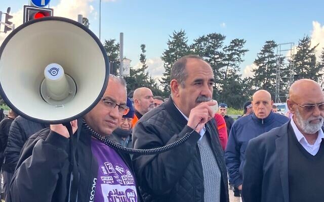 Mazra’a Mayor Fuad Awad speaks at a demonstration against violent crime in Arab society in Mazra'a on February 3, 2026. (Diana Bletter/Times of Israel) Mazra’a Mayor Fuad Awad speaks at a demonstration against violent crime in Arab society in Mazra'a on February 3, 2026. (Diana Bletter/Times of Israel)