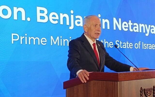 Prime Minister Benjamin Netanyahu at the Conference of Presidents Leadership Mission to Israel in Jerusalem, February 15, 2026. (Zev Stub/ Times of Israel) Prime Minister Benjamin Netanyahu at the Conference of Presidents Leadership Mission to Israel in Jerusalem, February 15, 2026. (Zev Stub/ Times of Israel)