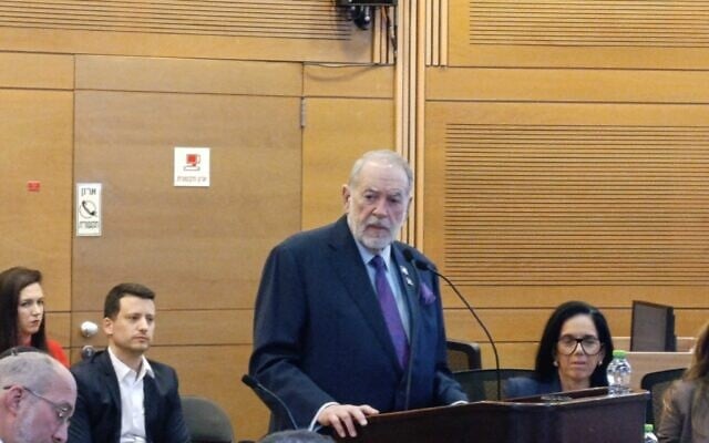US Ambassador Mike Huckabee speaks at a Knesset caucus on Israel-US relations, February 25, 2026. (Zev Stub/Times of Israel) US Ambassador Mike Huckabee speaks at a Knesset caucus on Israel-US relations, February 25, 2026. (Zev Stub/Times of Israel)