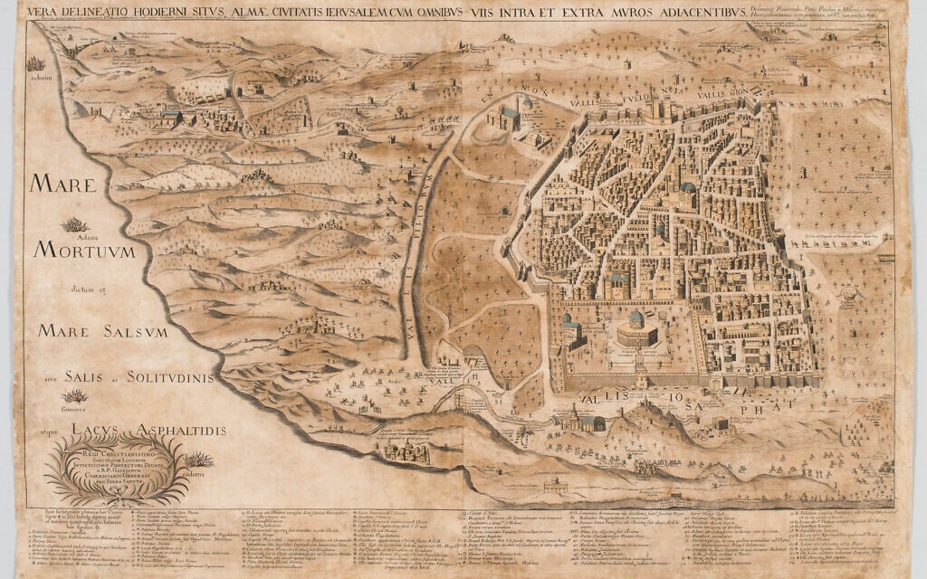The map 'A Real Delineation of the Modern City of Jerusalem' by Paulus a Milonico (17th century, France). The map is part of the exhibition 'Fact, Faith, and Fantasy - Maps of the Holy Land from the Chinn Collection,' which opened at the Israel Museum in Jerusalem in January 2026. (Elie Posner and Zohar Shemesh/The Israel Museum, Jerusalem)