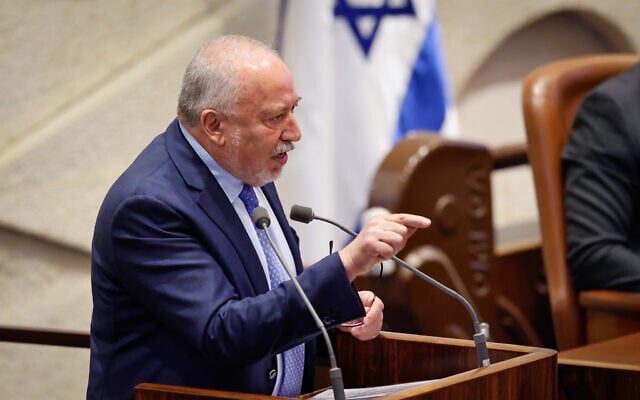 Yisrael Beytenu chief Avigdor Liberman speaks to the Knesset plenum on February 23, 2026. (Noam Moskowitz/Knesset Spokesman's Office)