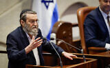 Degel HaTorah chairman MK Moshe Gafni addresses the Knesset, February 9, 2026. (Noam Moskowitz, Office of the Knesset Spokesperson)