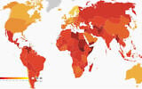 The Corruption Perceptions Index global map 2025, released February 2026. The color coded scale moves from "highly corrupt" (dark red) to "very clean" (yellow). (Transparency International)