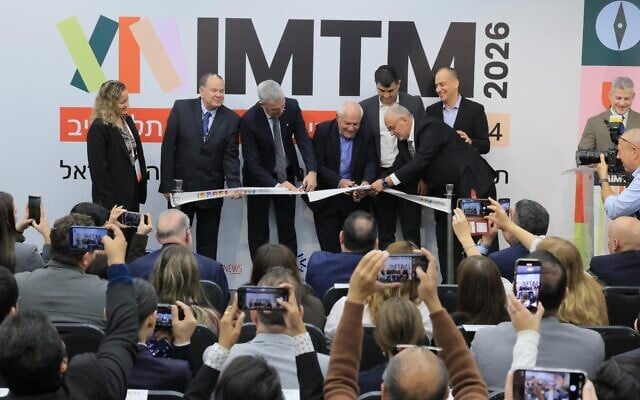 Tourism Minister Haim Katz (middle) and US Ambassador to Israel Mike Huckabee (first on the right) at the opening ceremony of the International Mediterranean Tourism Market (IMTM) fair in Tel Aviv, Feb. 3, 2026. (Courtesy of Ronen Horesh)