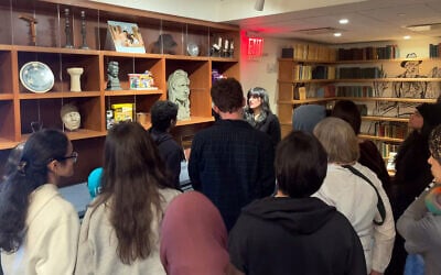 Educator Susannah Trubman walks a group from Hunter College through the YIVO Learning and Media Center, February 11, 2026. (Luke Tress/Times of Israel) Educator Susannah Trubman walks a group from Hunter College through the YIVO Learning and Media Center, February 11, 2026. (Luke Tress/Times of Israel)