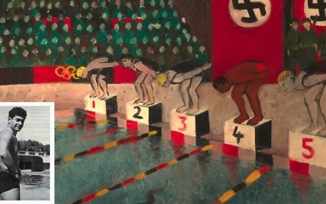 Artem 'Alfred' Nakache (inset), a Jew who swam for France at the 1936 Berlin Olympics, is depicted in lane 4 in the animated short film 'Papillon.' (Wikimedia Commons; Sacrebleu Productions and XBO Films via JTA) Artem 'Alfred' Nakache (inset), a Jew who swam for France at the 1936 Berlin Olympics, is depicted in lane 4 in the animated short film 'Papillon.' (Wikimedia Commons; Sacrebleu Productions and XBO Films via JTA)