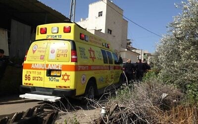 Paramedics and police gather at the scene of a shooting that killed two men in Umm al-Fahm on February 16, 2026. (Magen David Adom) Paramedics and police gather at the scene of a shooting that killed two men in Umm al-Fahm on February 16, 2026. (Magen David Adom)