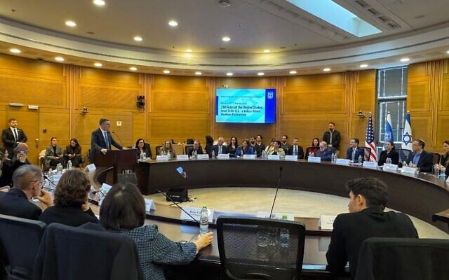 Foreign Minister Gideon Sa'ar addresses a Knesset caucus on Israel-US relations, February 25, 2026. (Courtesy Foreign Ministry) Foreign Minister Gideon Sa'ar addresses a Knesset caucus on Israel-US relations, February 25, 2026. (Courtesy Foreign Ministry)